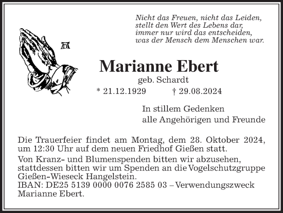 Traueranzeige von Marianne Ebert von Giessener Allgemeine, Giessener Anzeiger, Alsfelder Allgemeine