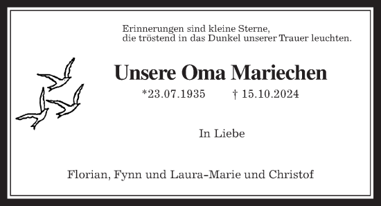 Traueranzeige von Marie Bukow von Giessener Allgemeine, Alsfelder Allgemeine