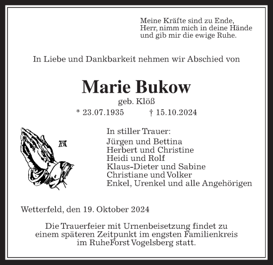 Traueranzeige von Marie Bukow von Giessener Allgemeine, Alsfelder Allgemeine