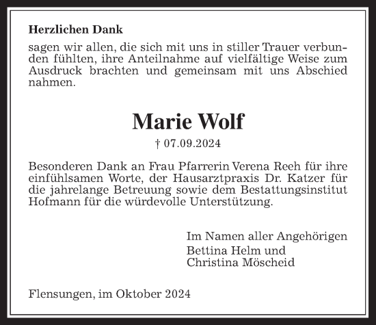 Traueranzeige von Marie Wolf von Mücker Stimme