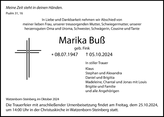 Traueranzeige von Marika Buß von Giessener Allgemeine, Giessener Anzeiger, Alsfelder Allgemeine