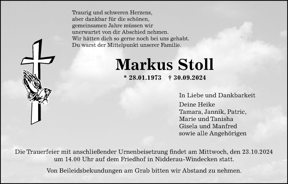  Traueranzeige für Markus Stoll vom 19.10.2024 aus Wetterauer Zeitung
