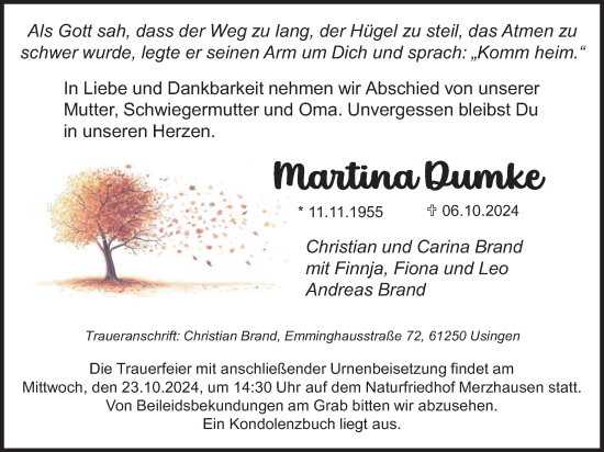 Traueranzeige von Martina Dumke von Usinger Anzeiger