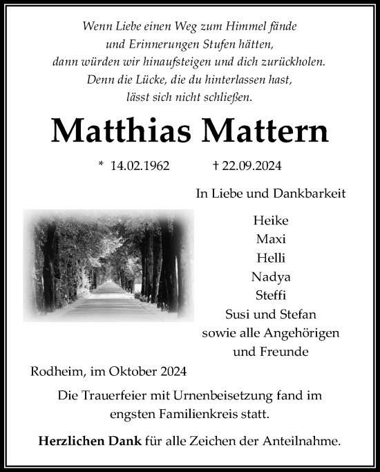 Traueranzeige von Matthias Mattern von Giessener Allgemeine, Alsfelder Allgemeine