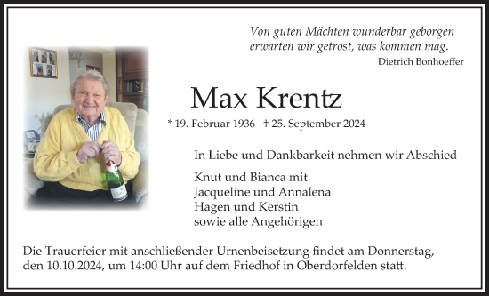 Traueranzeige von Max Krentz von Bad Vilbel/Karben