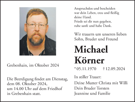 Traueranzeige von Michael Körner von Kreis-Anzeiger