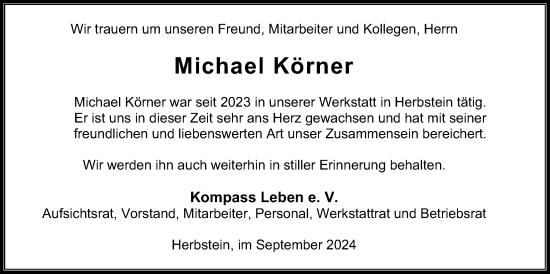 Traueranzeige von Michael Körner von Lauterbacher Anzeiger