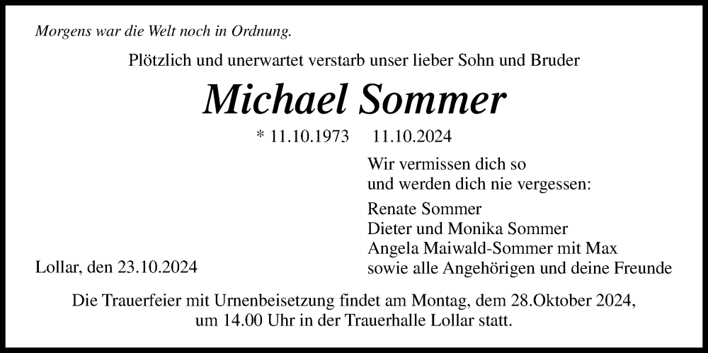  Traueranzeige für Michael Sommer vom 23.10.2024 aus Giessener Anzeiger, Giessener Allgemeine, Alsfelder Allgemeine