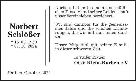 Traueranzeige von Norbert Schlößer von Wetterauer Zeitung