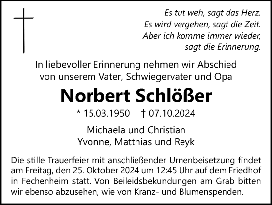 Traueranzeige von Norbert Schlößer von Wetterauer Zeitung