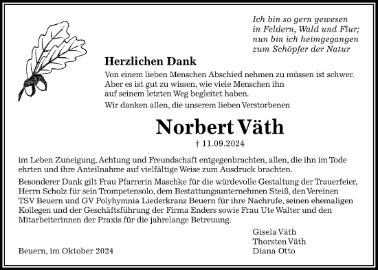 Traueranzeige von Norbert Väth von Giessener Allgemeine, Giessener Anzeiger, Alsfelder Allgemeine