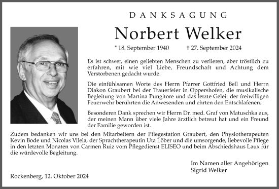 Traueranzeige von Norbert Welker von Wetterauer Zeitung, Butzbacher Zeitung