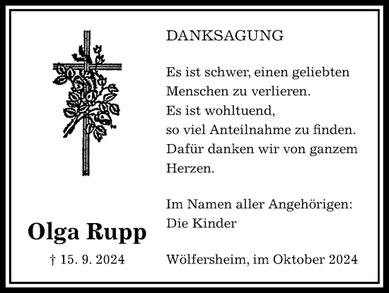Traueranzeige von Olga Rupp von Licher Wochenblatt