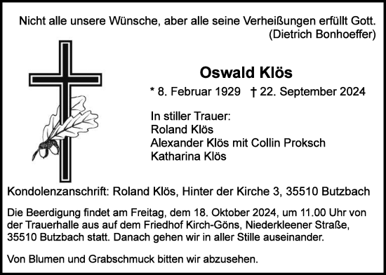 Traueranzeige von Oswald Klös von Butzbacher Zeitung