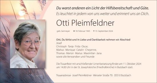 Traueranzeige von Otti Pleimfeldner von Butzbacher Zeitung