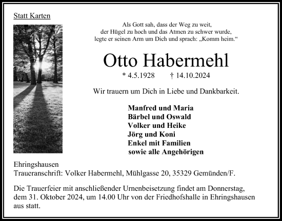 Traueranzeige von Otto Habermehl von Oberhessische Zeitung