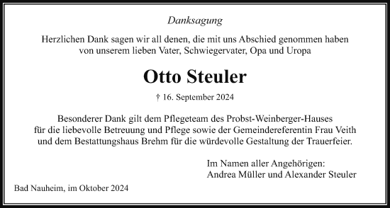 Traueranzeige von Otto Steuler von Wetterauer Zeitung