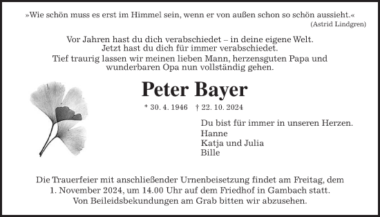 Traueranzeige von Peter Bayer von Butzbacher Zeitung