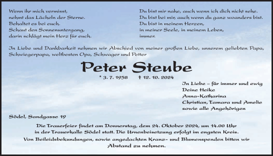 Traueranzeige von Peter Steube von Wetterauer Zeitung