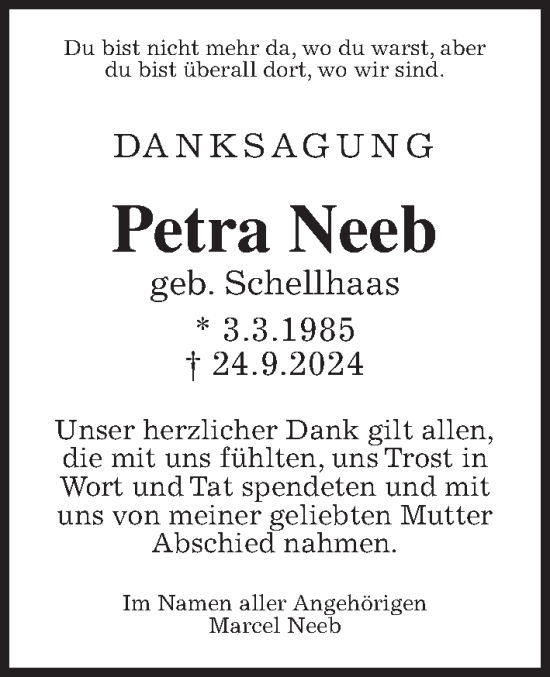 Traueranzeige von Petra Neeb von Giessener Allgemeine, Alsfelder Allgemeine