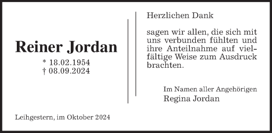 Traueranzeige von Reiner Jordan von Giessener Allgemeine, Alsfelder Allgemeine