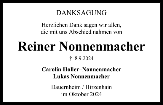 Traueranzeige von Reiner Nonnenmacher von Kreis-Anzeiger