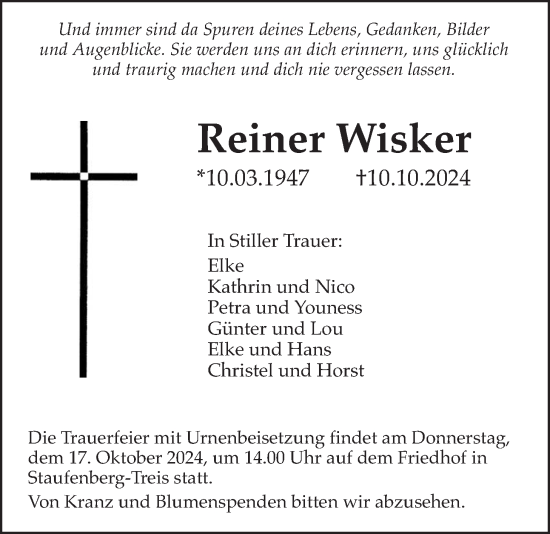 Traueranzeige von Reiner Wisker von Giessener Allgemeine, Alsfelder Allgemeine, Giessener Anzeiger