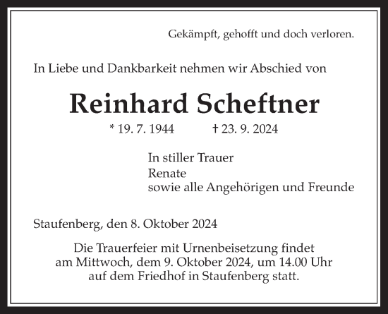 Traueranzeige von Reinhard Scheftner von Giessener Allgemeine, Alsfelder Allgemeine