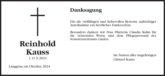 Traueranzeige von Reinhold Kauss von Giessener Allgemeine, Giessener Anzeiger, Alsfelder Allgemeine