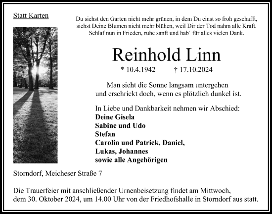 Traueranzeige von Reinhold Linn von Oberhessische Zeitung