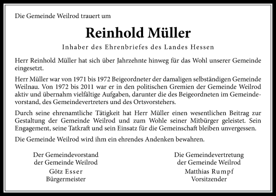Traueranzeige von Reinhold Müller von Usinger Anzeiger