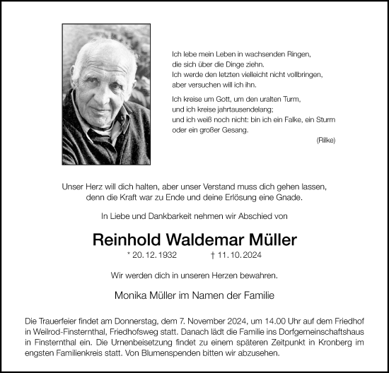 Traueranzeige von Reinhold Waldemar Müller von Usinger Anzeiger