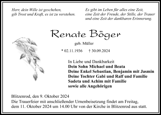 Traueranzeige von Renate Böger von Lauterbacher Anzeiger