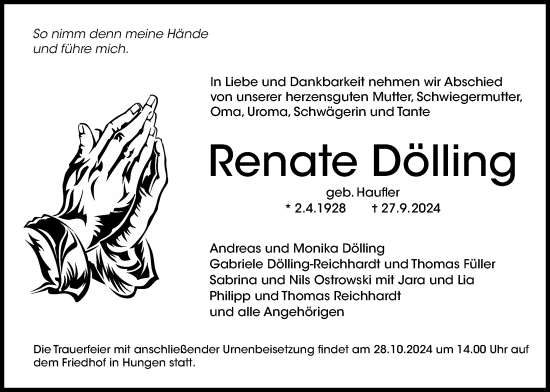 Traueranzeige von Renate Dölling von Licher Wochenblatt