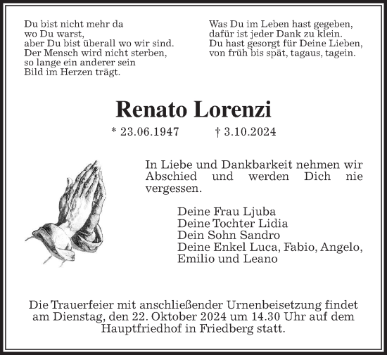 Traueranzeige von Renato Lorenzi von Wetterauer Zeitung