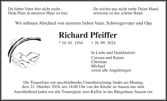 Traueranzeige von Richard Pfeiffer von Giessener Allgemeine, Alsfelder Allgemeine