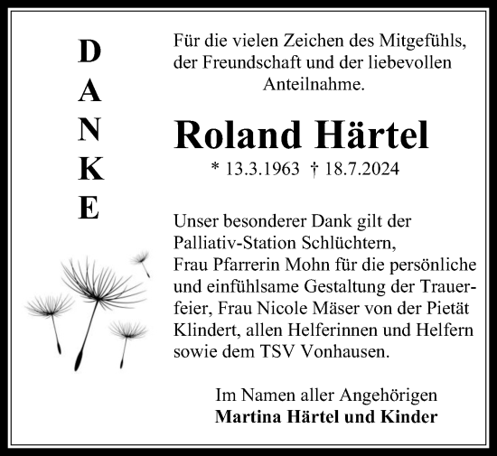 Traueranzeige von Roland Härtel von Kreis-Anzeiger