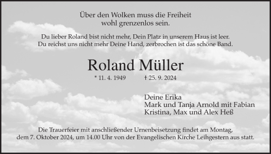 Traueranzeige von Roland Müller von Giessener Allgemeine, Alsfelder Allgemeine, Giessener Anzeiger