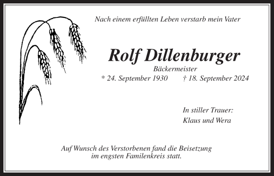 Traueranzeige von Rolf Dillenburger von Wetterauer Zeitung