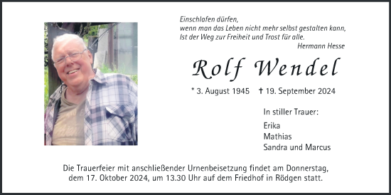 Traueranzeige von Rolf Wendel von Wetterauer Zeitung