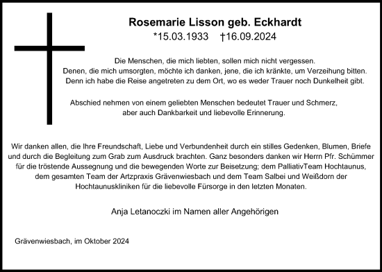 Traueranzeige von Rosemarie Lisson von Usinger Anzeiger