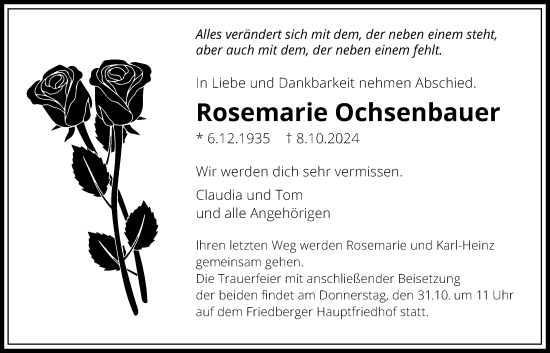 Traueranzeige von Rosemarie Ochsenbauer von Wetterauer Zeitung