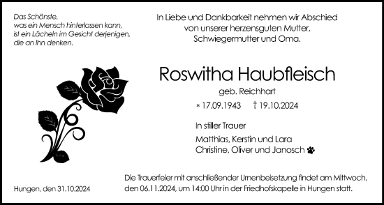 Traueranzeige von Roswitha Haubfleisch von Licher Wochenblatt