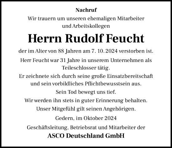Traueranzeige von Rudolf Feucht von Kreis-Anzeiger