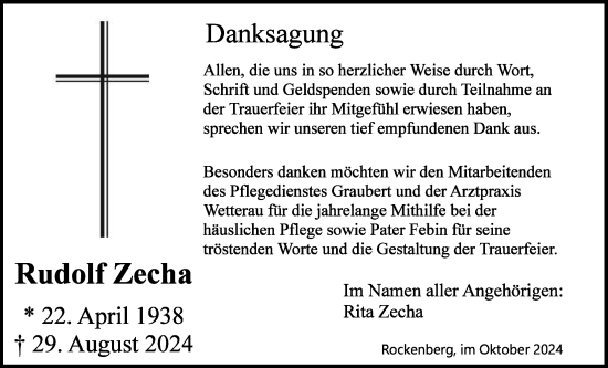 Traueranzeige von Rudolf Zecha von Wetterauer Zeitung, Butzbacher Zeitung