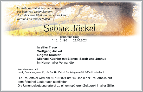 Traueranzeige von Sabine Jöckel von Lauterbacher Anzeiger