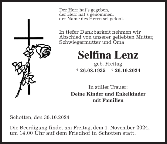 Traueranzeige von Selfia Lenz von Kreis-Anzeiger
