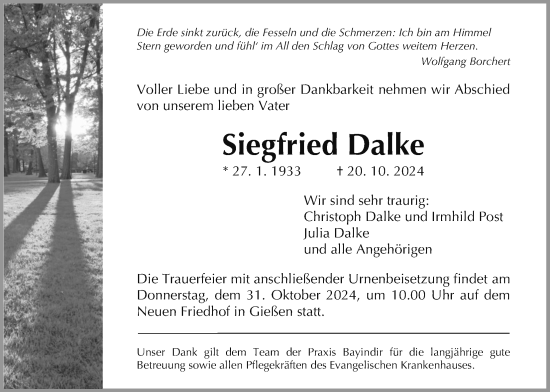 Traueranzeige von Siegfried Dalke von Giessener Anzeiger, Giessener Allgemeine, Alsfelder Allgemeine