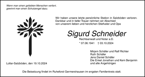 Traueranzeige von Sigurd Schneider von Giessener Allgemeine, Giessener Anzeiger, Alsfelder Allgemeine