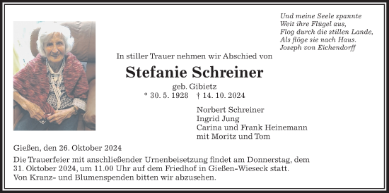 Traueranzeige von Stefanie Schreiner von Giessener Allgemeine, Alsfelder Allgemeine